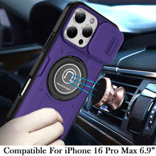 For iPhone 16 PRO MAX Case Sliding Lens Cover Metal Ring Stand + Tempered Glass