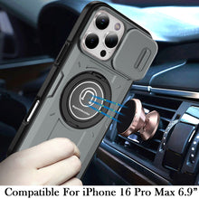 For iPhone 16 PRO MAX Case Sliding Lens Cover Metal Ring Stand + Tempered Glass