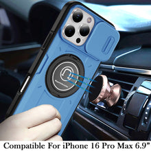 For iPhone 16 PRO MAX Case Sliding Lens Cover Metal Ring Stand + Tempered Glass