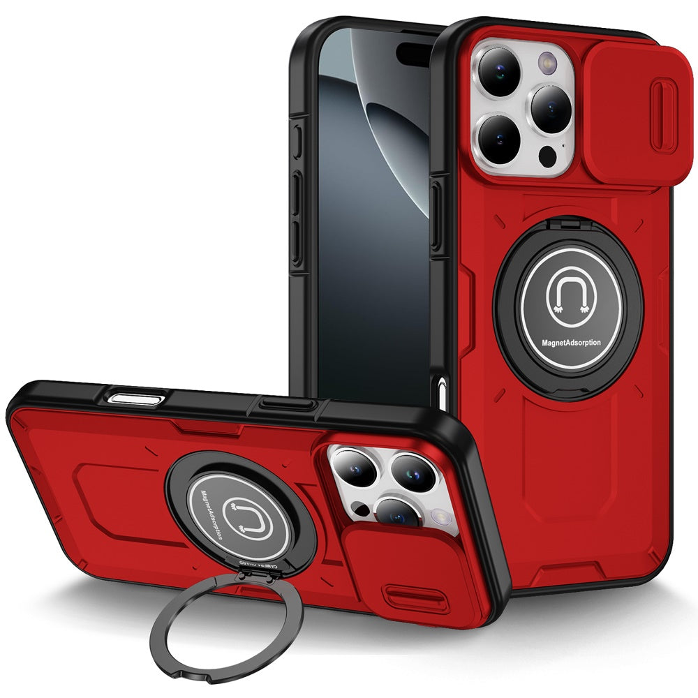 For iPhone 16 PRO MAX Case Sliding Lens Cover Metal Ring Stand + Tempered Glass