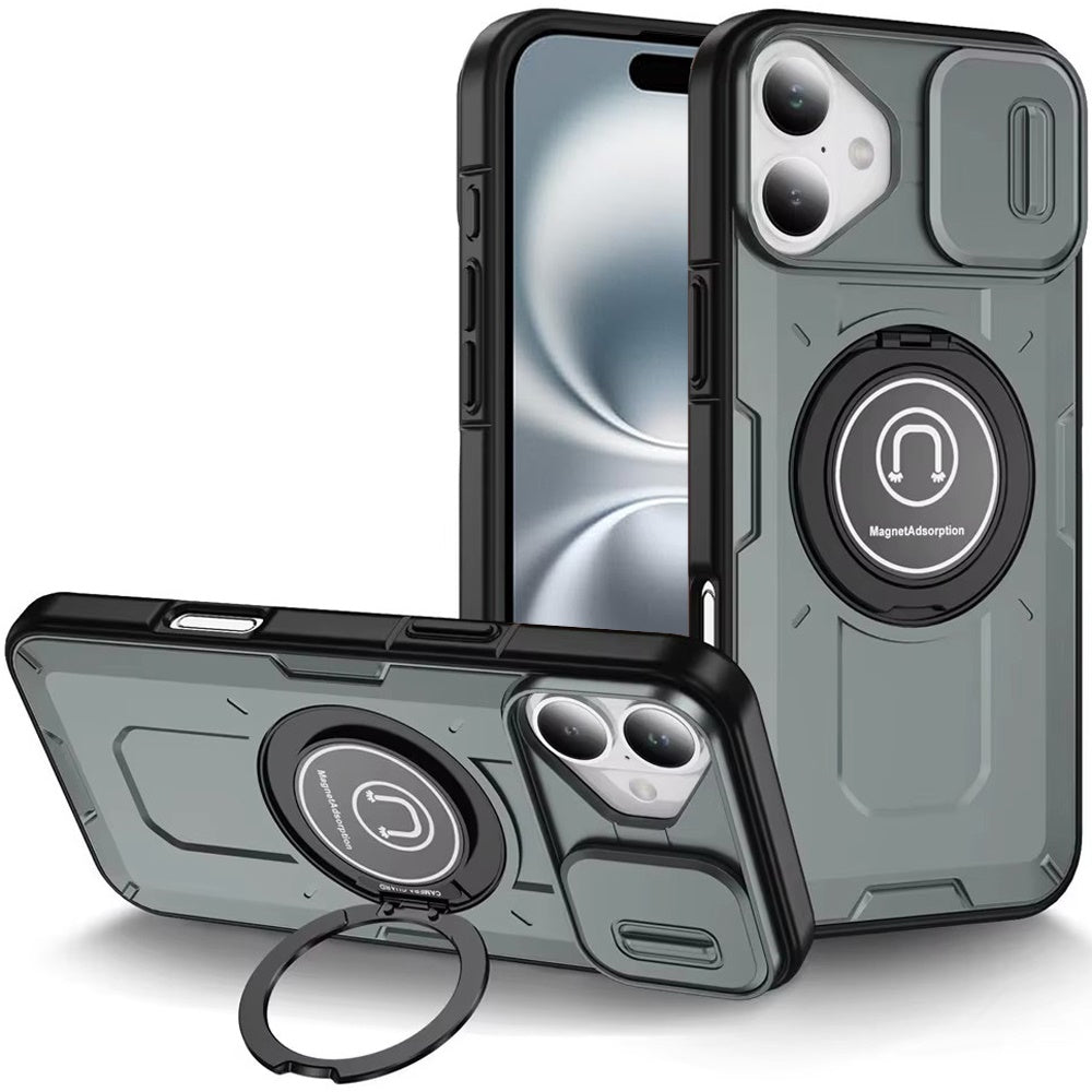 For iPhone 16 Plus 6.7in Case Sliding Lens Cover Metal Stand + Tempered Glass