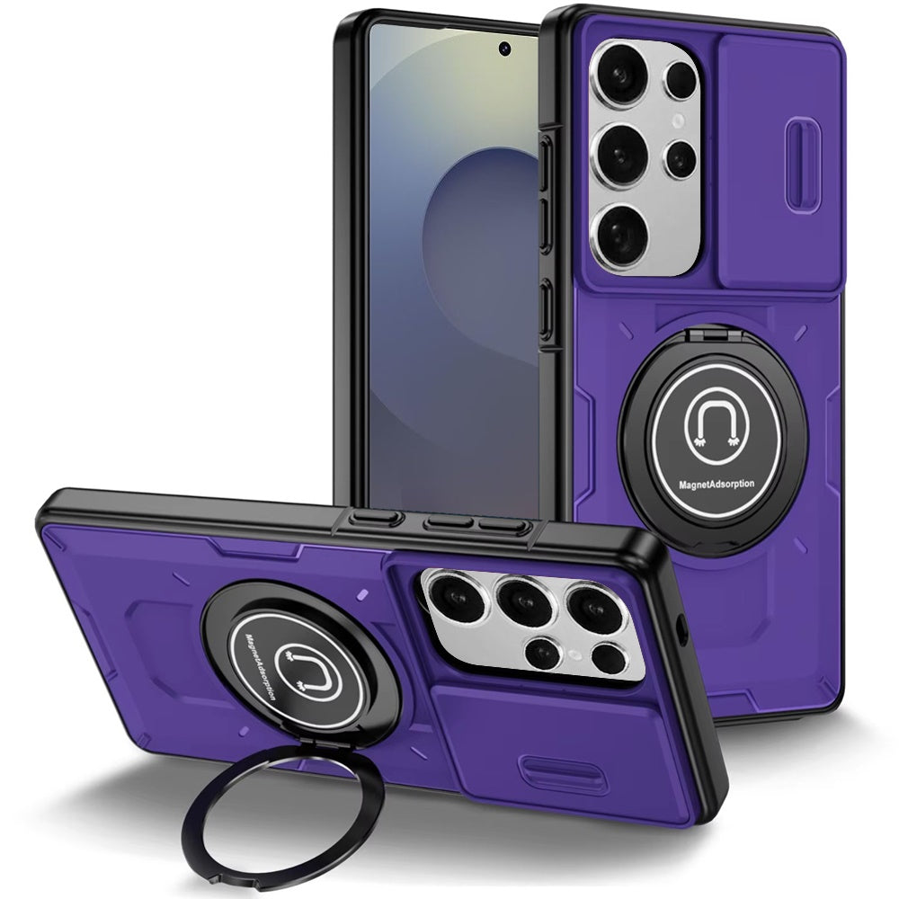 For Samsung S25 Ultra Case Sliding Lens Cover Metal Ring Stand + Tempered Glass