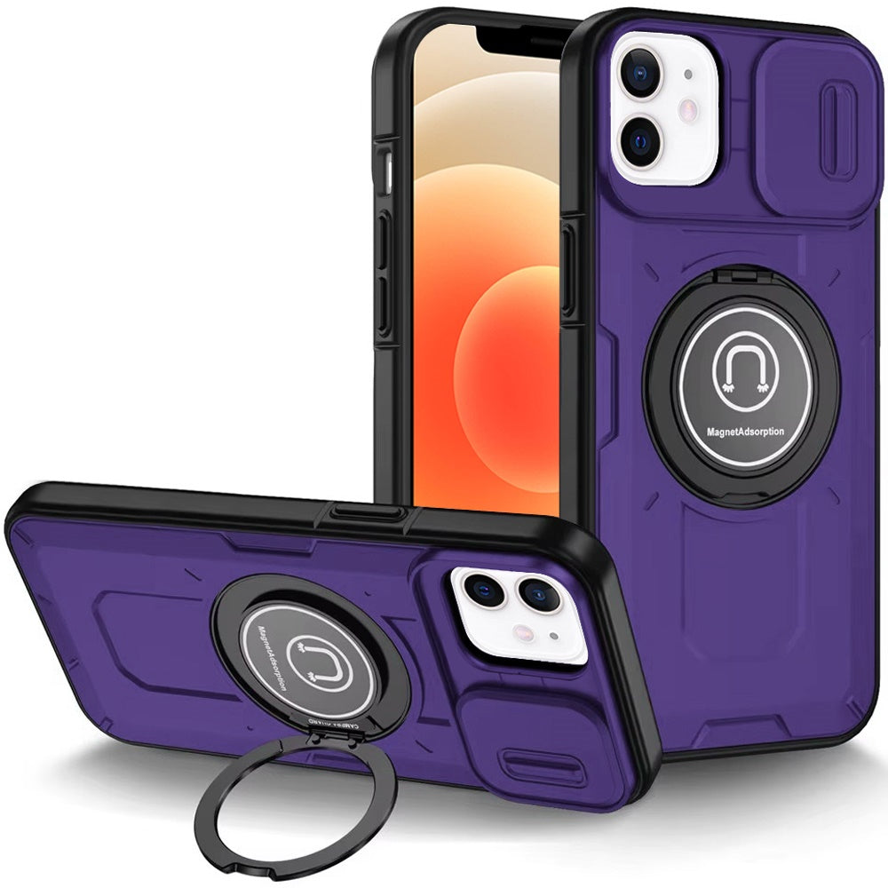 For iPhone 12/12 Pro Case Sliding Lens Cover Metal Ring Stand + Tempered Glass
