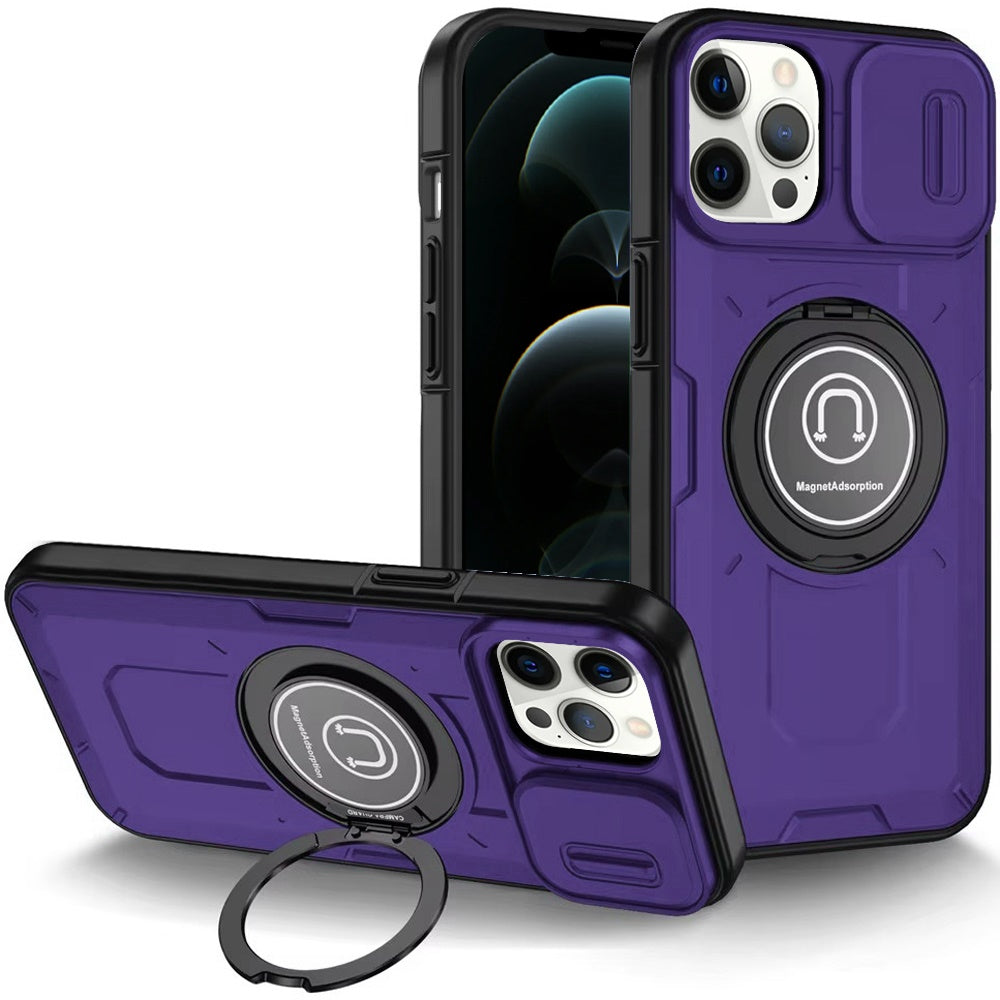 For iPhone 12 Pro Max Case Sliding Lens Cover Metal Ring Stand + Tempered Glass