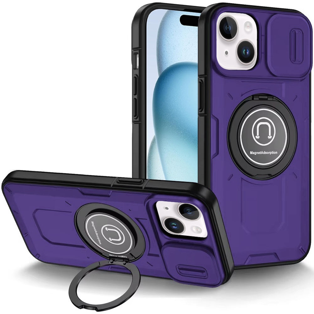 For iPhone 15 Case Sliding Camera Lens Cover Metal Ring Stand + 2 Tempered Glass