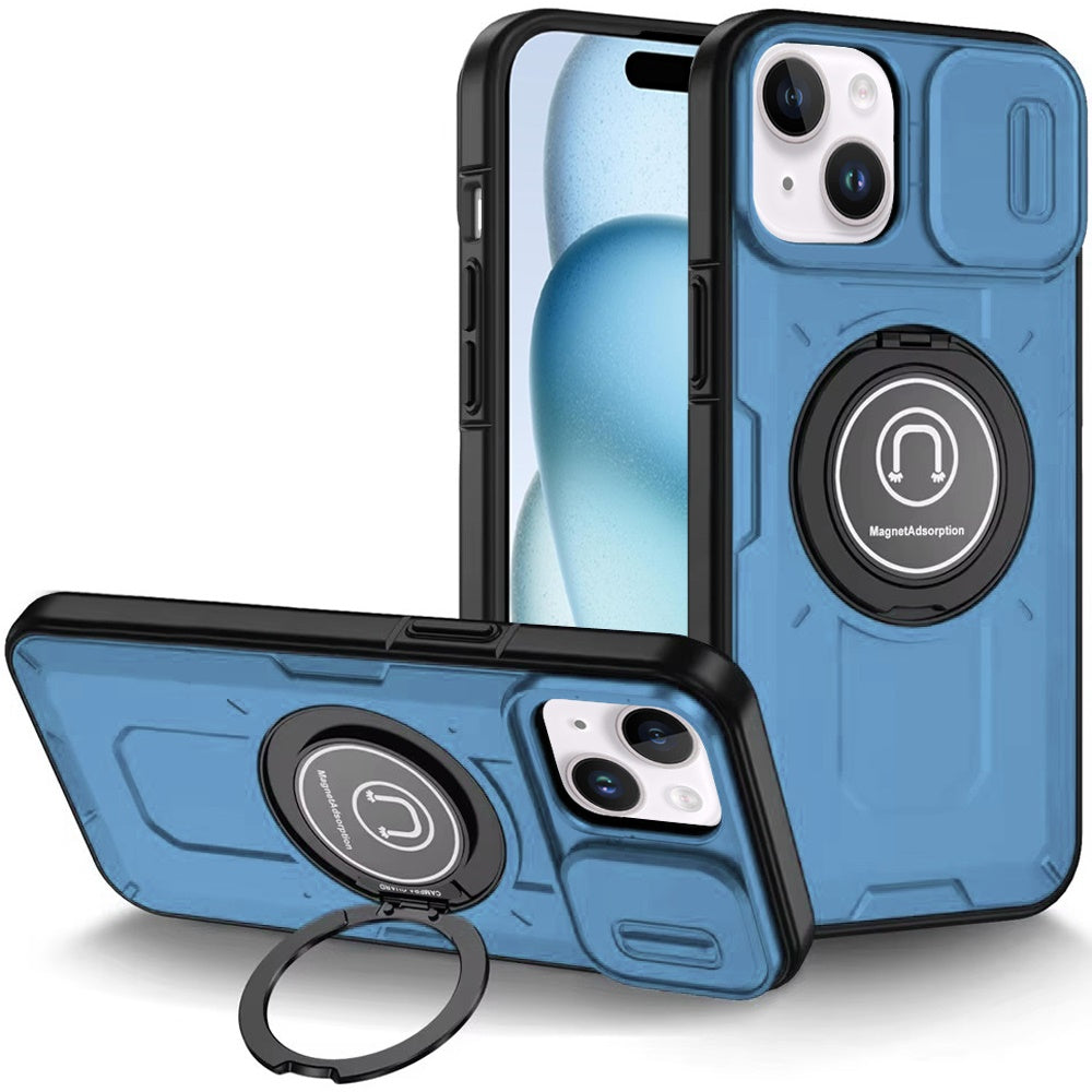 For iPhone 15 Case Sliding Camera Lens Cover Metal Ring Stand + 2 Tempered Glass