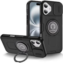For iPhone 16 6.1inch Case Sliding Lens Cover Metal Ring Stand + Tempered Glass