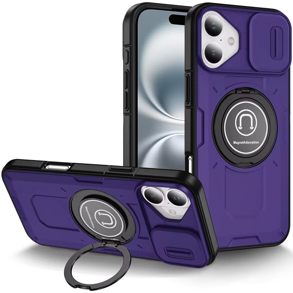 For iPhone 16 6.1inch Case Sliding Lens Cover Metal Ring Stand + Tempered Glass