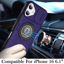 For iPhone 16 6.1inch Case Sliding Lens Cover Metal Ring Stand + Tempered Glass