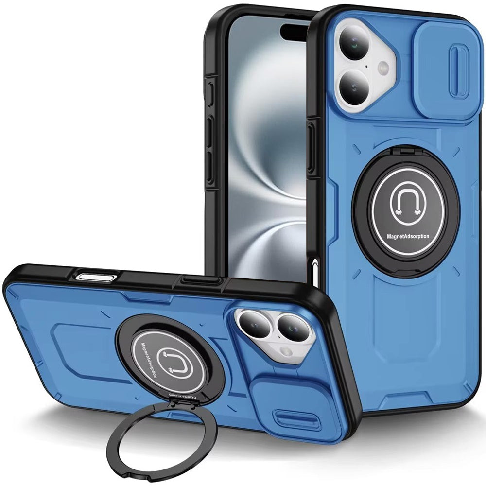For iPhone 16 6.1inch Case Sliding Lens Cover Metal Ring Stand + Tempered Glass