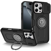 For iPhone 16 Pro 6.3in Case Sliding Lens Cover Metal Ring Stand +Tempered Glass