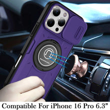 For iPhone 16 Pro 6.3in Case Sliding Lens Cover Metal Ring Stand +Tempered Glass