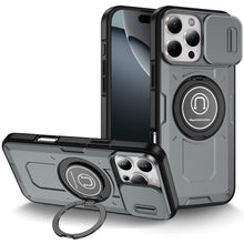 For iPhone 16 Pro 6.3in Case Sliding Lens Cover Metal Ring Stand +Tempered Glass