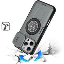 For iPhone 16 Pro 6.3in Case Sliding Lens Cover Metal Ring Stand +Tempered Glass