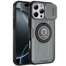 For iPhone 16 Pro 6.3in Case Sliding Lens Cover Metal Ring Stand +Tempered Glass