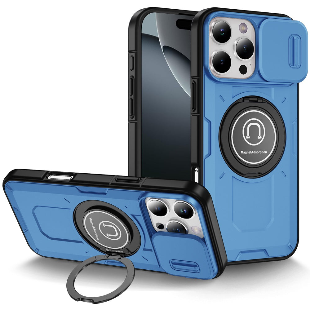 For iPhone 16 Pro 6.3in Case Sliding Lens Cover Metal Ring Stand +Tempered Glass