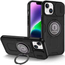 For iPhone 13/14 Case Sliding Lens Cover with Metal Ring Stand + Tempered Glass