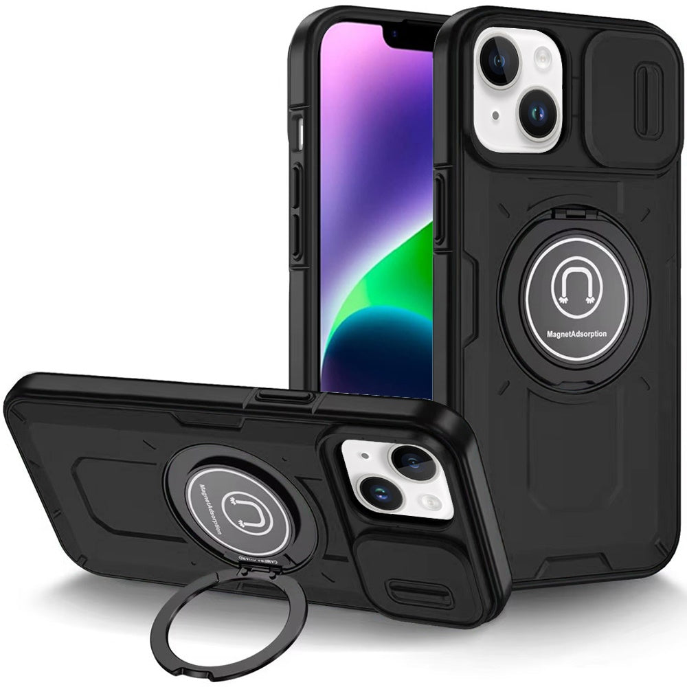 For iPhone 13/14 Case Sliding Lens Cover with Metal Ring Stand + Tempered Glass