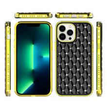 For iPhone 14 PRO Case Quilted Design Diamond Bling Chrome Plated Frame Cover