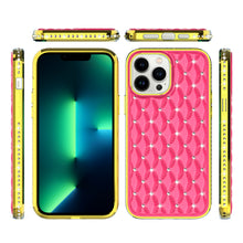 For iPhone 14 PRO Case Quilted Design Diamond Bling Chrome Plated Frame Cover