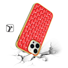 For iPhone 14 PRO Case Quilted Design Diamond Bling Chrome Plated Frame Cover