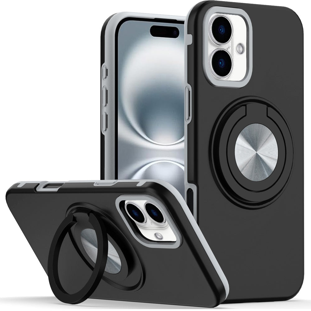 For iPhone 16 Plus 6.7in Solid Rugged Shockproof with 360 Stand + Tempered Glass