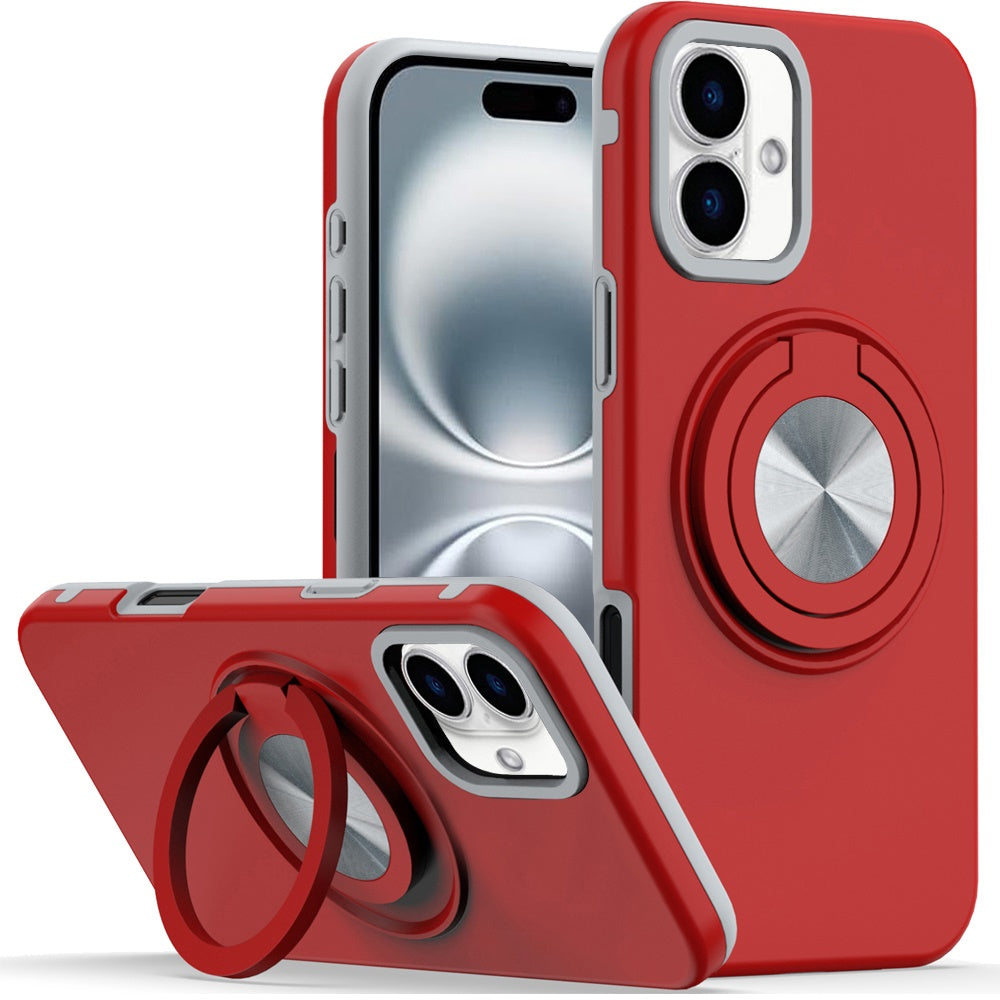 For iPhone 16 Plus 6.7in Solid Rugged Shockproof with 360 Stand + Tempered Glass
