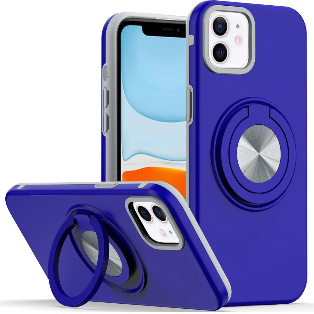 For iPhone 11 6.1 in. Case Solid Rugged Magnetic with Ring Stand +Tempered Glass