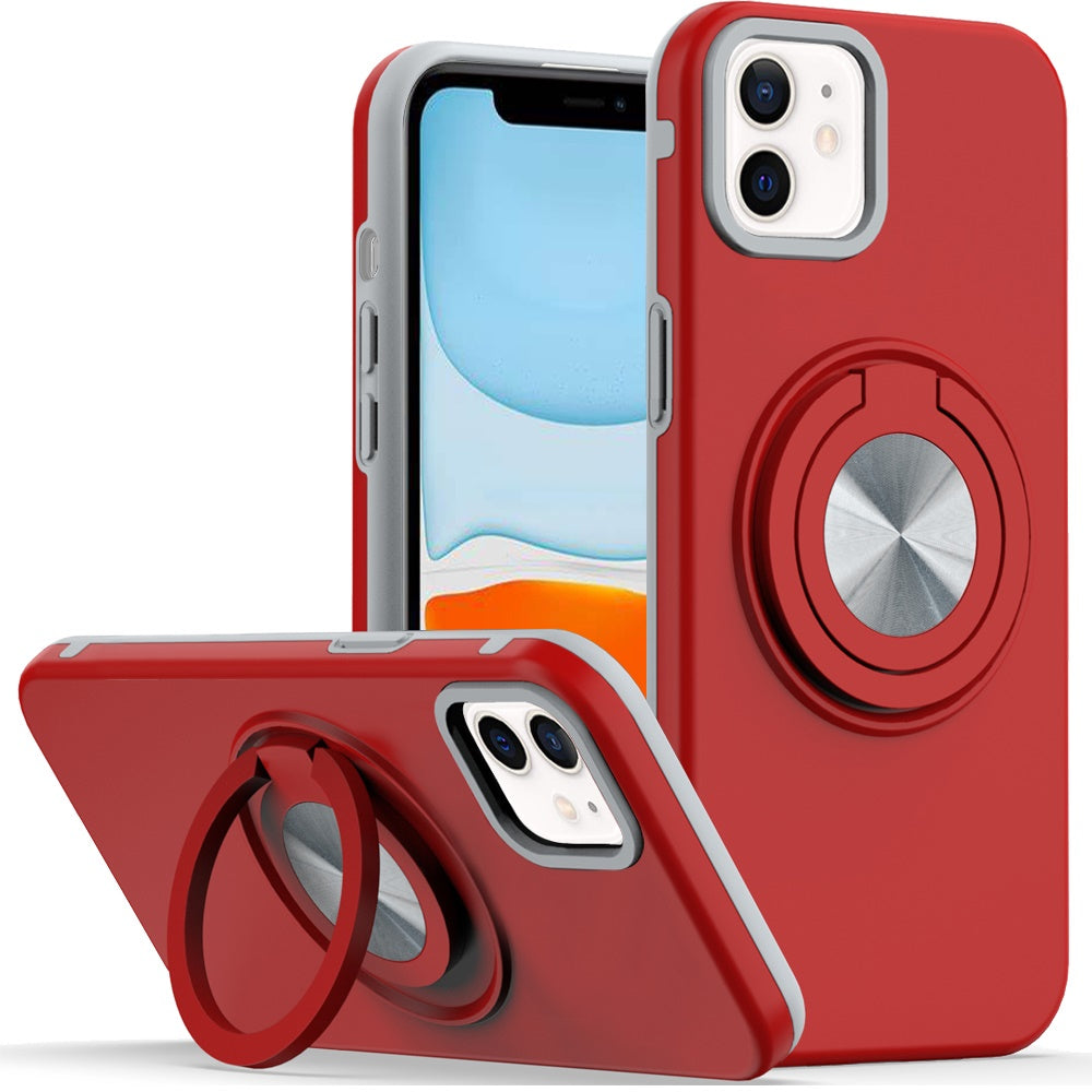 For iPhone 11 6.1 in. Case Solid Rugged Magnetic with Ring Stand +Tempered Glass