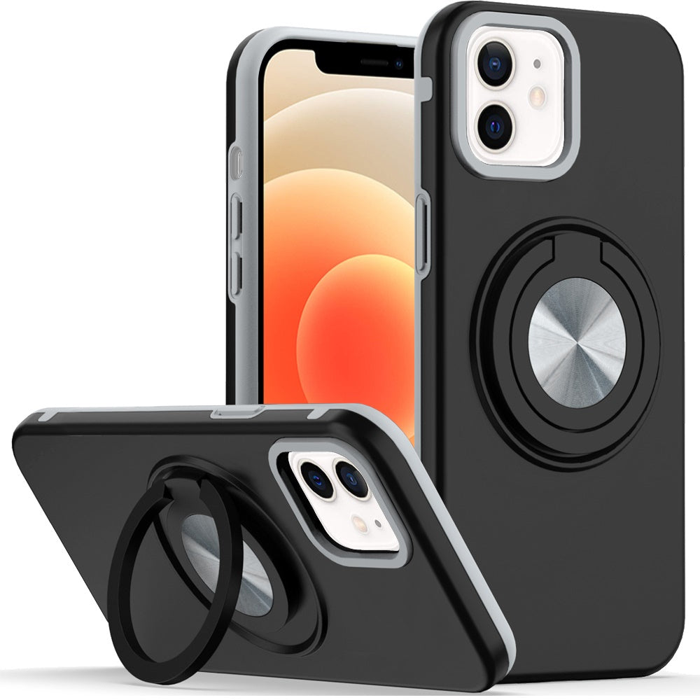 For iPhone 12/12 Pro Case Solid Rugged Magnetic with Ring Stand + Tempered Glass