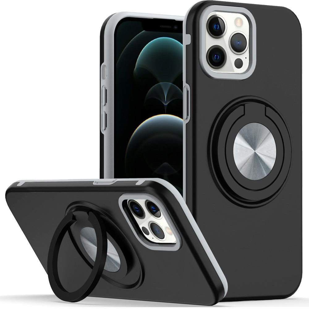 For iPhone 12 Pro Max Case Solid Rugged Magnetic w/ Ring Stand + Tempered Glass