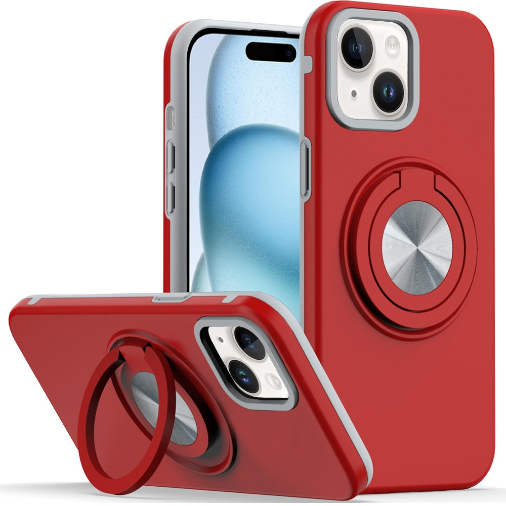 For iPhone 15 Case Solid Rugged Magnetic with Ring Stand + 2 Tempered Glass