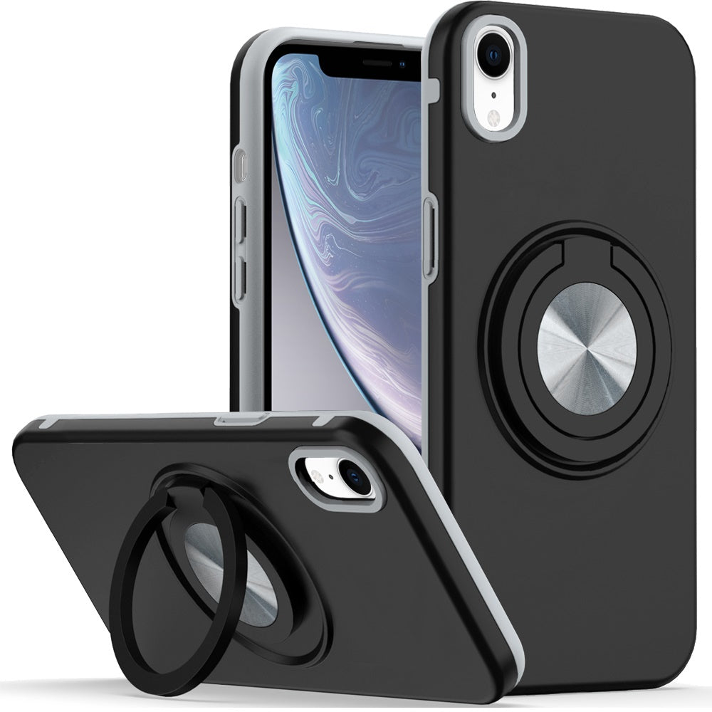 For iPhone XR Case Solid Rugged Magnetic Circle with Ring Stand + Tempered Glass