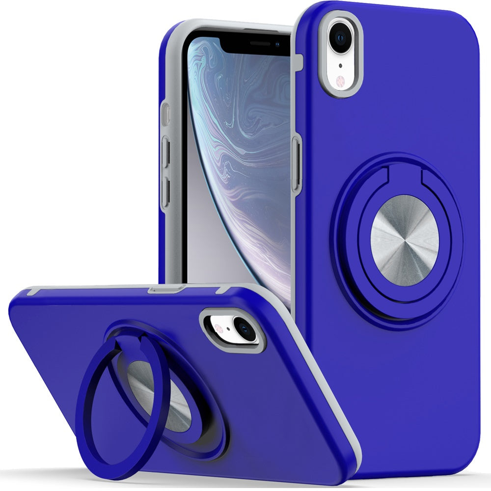 For iPhone XR Case Solid Rugged Magnetic Circle with Ring Stand + Tempered Glass