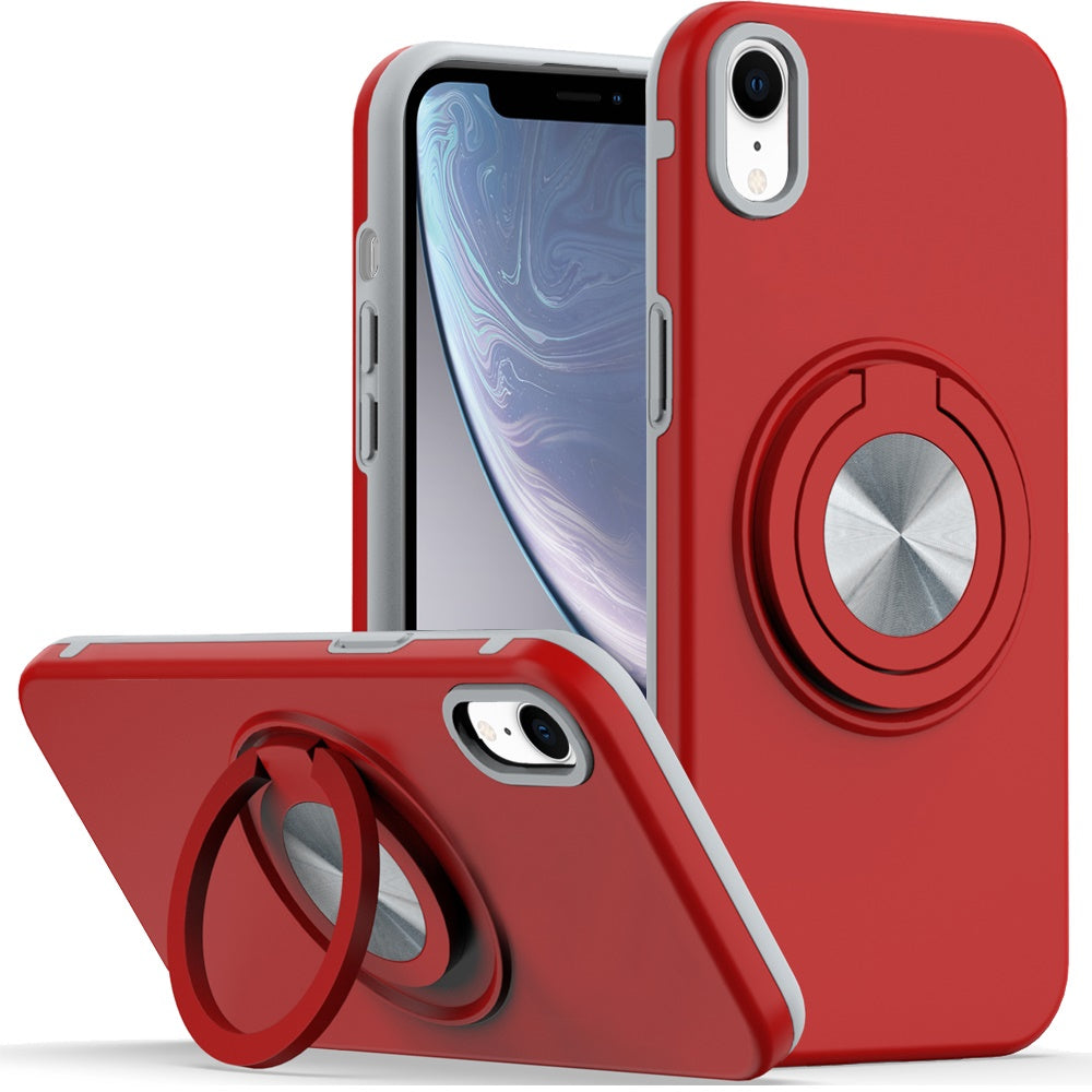 For iPhone XR Case Solid Rugged Magnetic Circle with Ring Stand + Tempered Glass