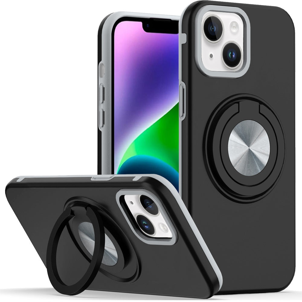 For iPhone 13/14 Case Solid Rugged Magnetic with Ring Stand + Tempered Glass