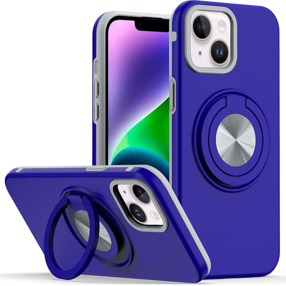 For iPhone 13/14 Case Solid Rugged Magnetic with Ring Stand + Tempered Glass