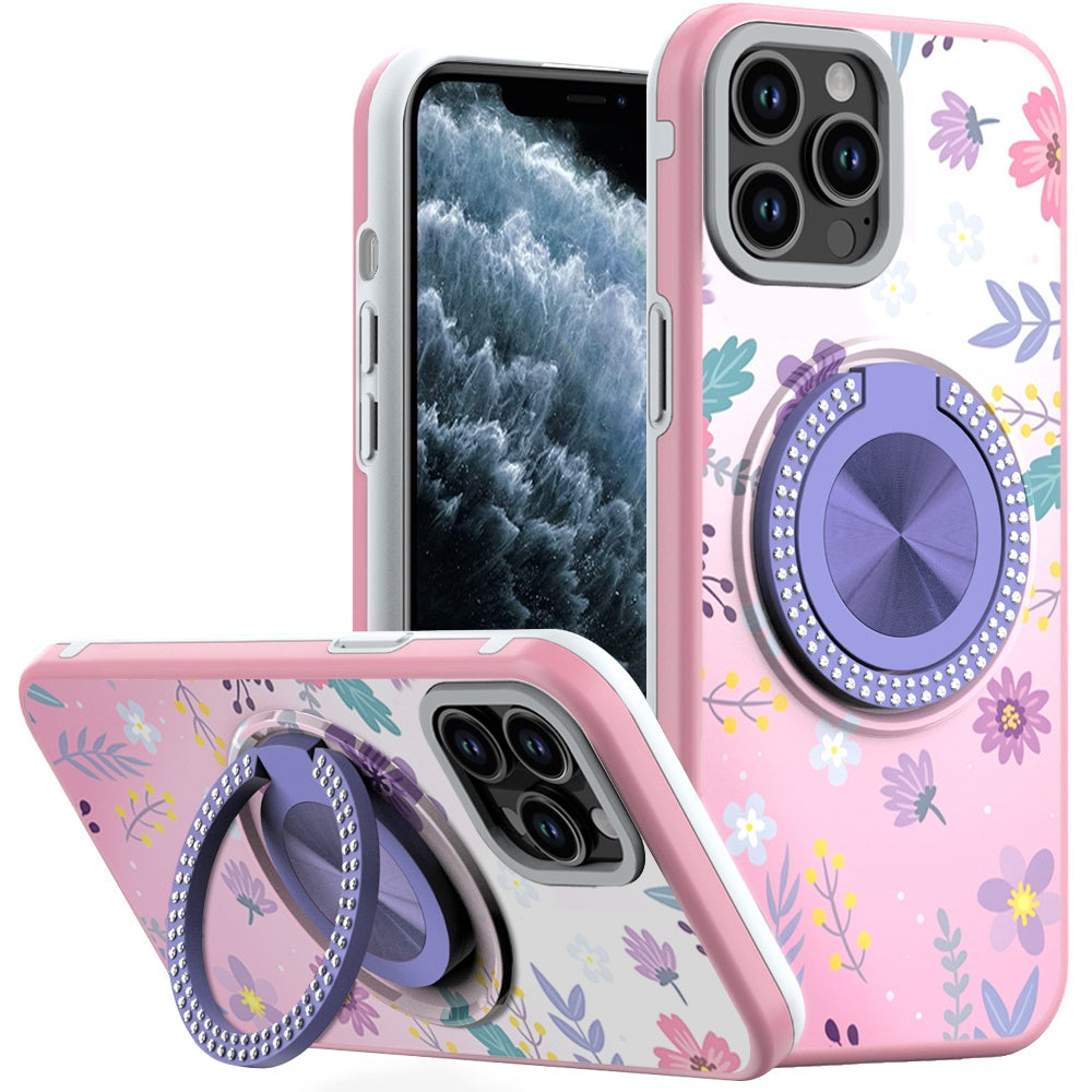 For iPhone 11 Pro Max Case Printed Magnetic Bling Ring Stand + Tempered Glass