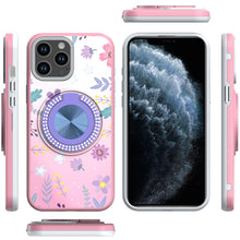For iPhone 11 Pro Max Case Printed Magnetic Bling Ring Stand + Tempered Glass