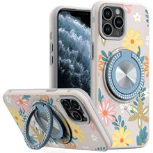 For iPhone 11 Pro Max Case Printed Magnetic Bling Ring Stand + Tempered Glass