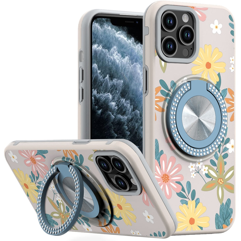 For iPhone 11 Pro Max Case Printed Magnetic Bling Ring Stand + Tempered Glass