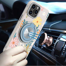 For iPhone 11 Pro Max Case Printed Magnetic Bling Ring Stand + Tempered Glass