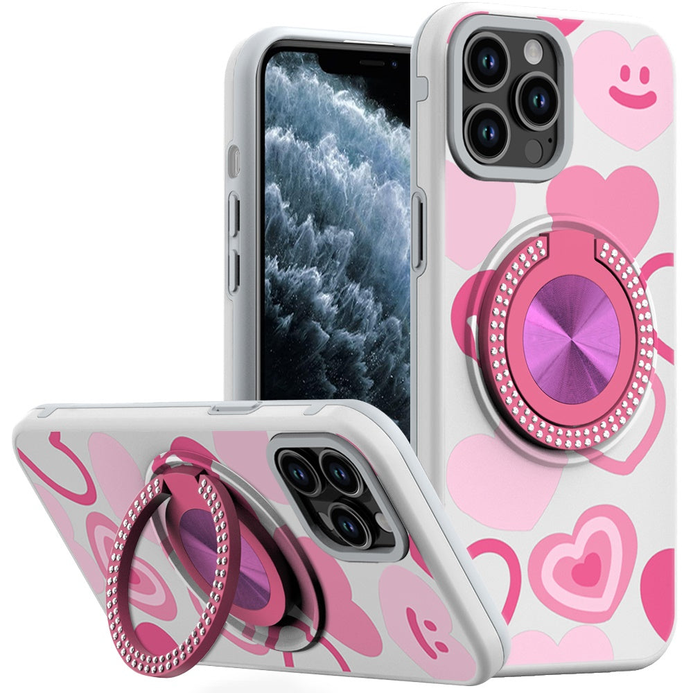 For iPhone 11 Pro Max Case Printed Magnetic Bling Ring Stand + Tempered Glass