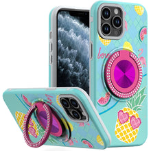 For iPhone 11 Pro Max Case Printed Magnetic Bling Ring Stand + Tempered Glass