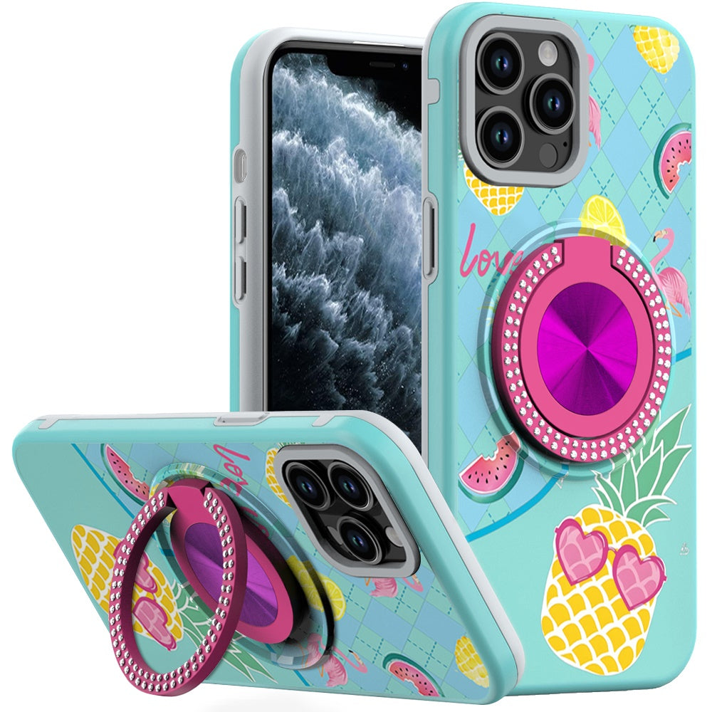 For iPhone 11 Pro Max Case Printed Magnetic Bling Ring Stand + Tempered Glass