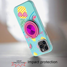 For iPhone 11 Pro Max Case Printed Magnetic Bling Ring Stand + Tempered Glass