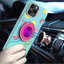 For iPhone 11 Pro Max Case Printed Magnetic Bling Ring Stand + Tempered Glass