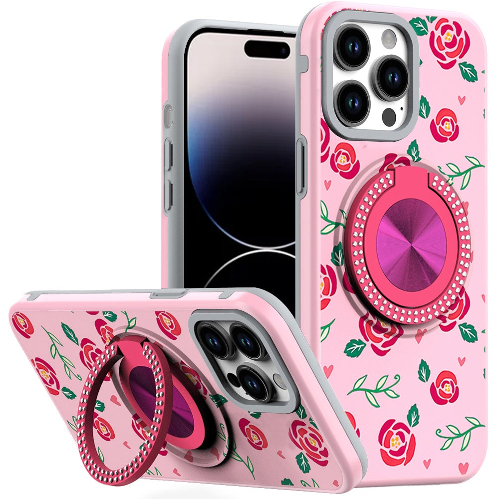 For iPhone 14 PRO MAX 6.7 in. Case Printed Design Metal Bling Ring Stand Cover