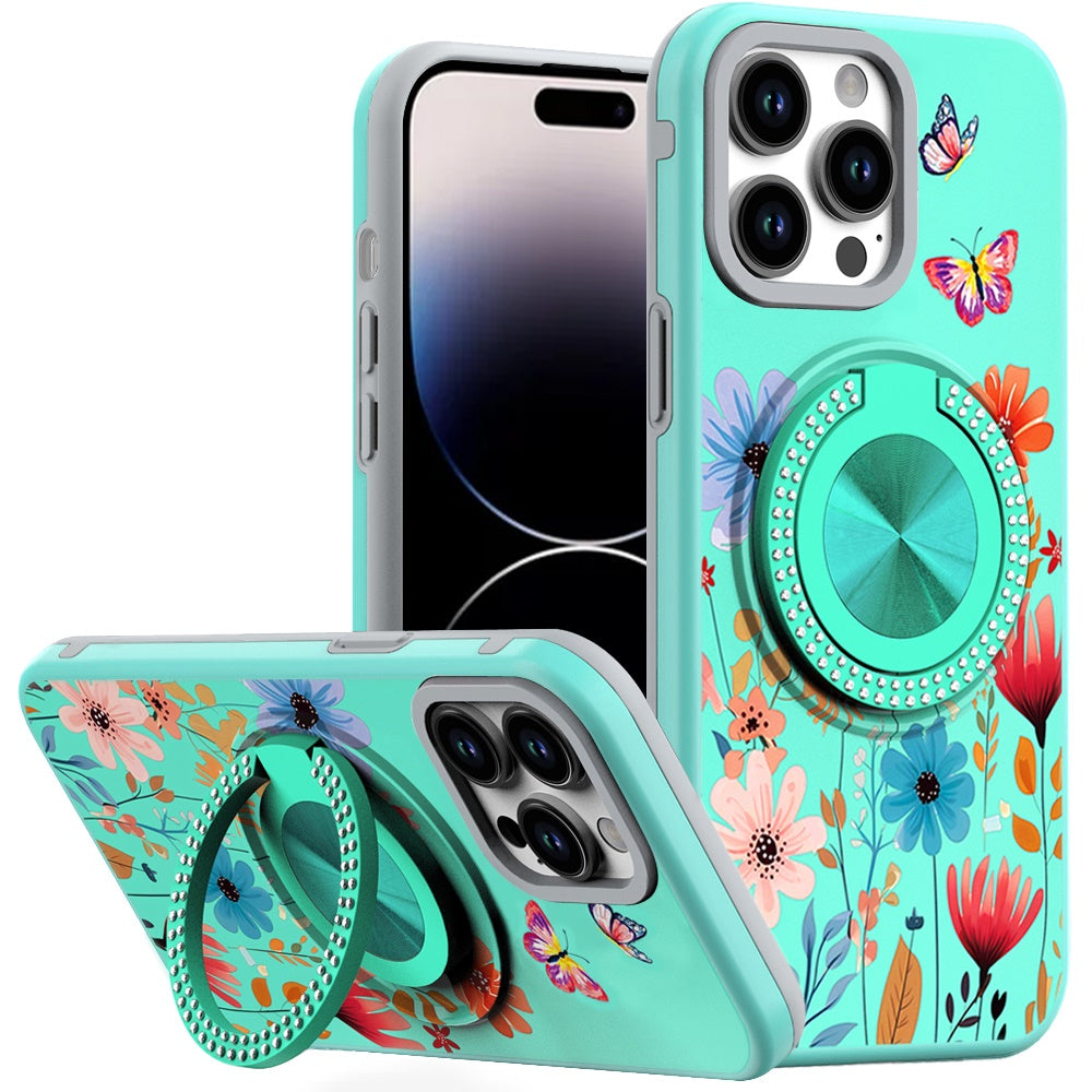 For iPhone 14 PRO MAX 6.7 in. Case Printed Design Metal Bling Ring Stand Cover
