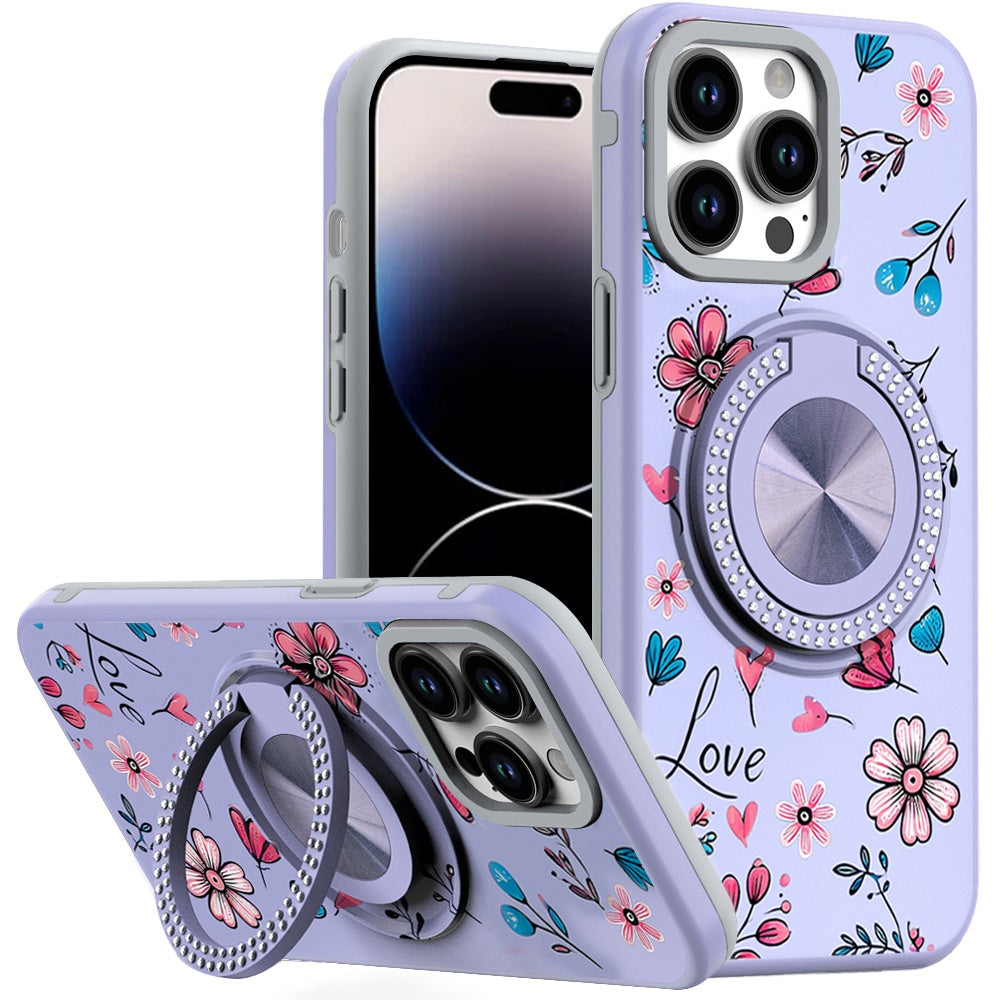 For iPhone 14 PRO MAX 6.7 in. Case Printed Design Metal Bling Ring Stand Cover